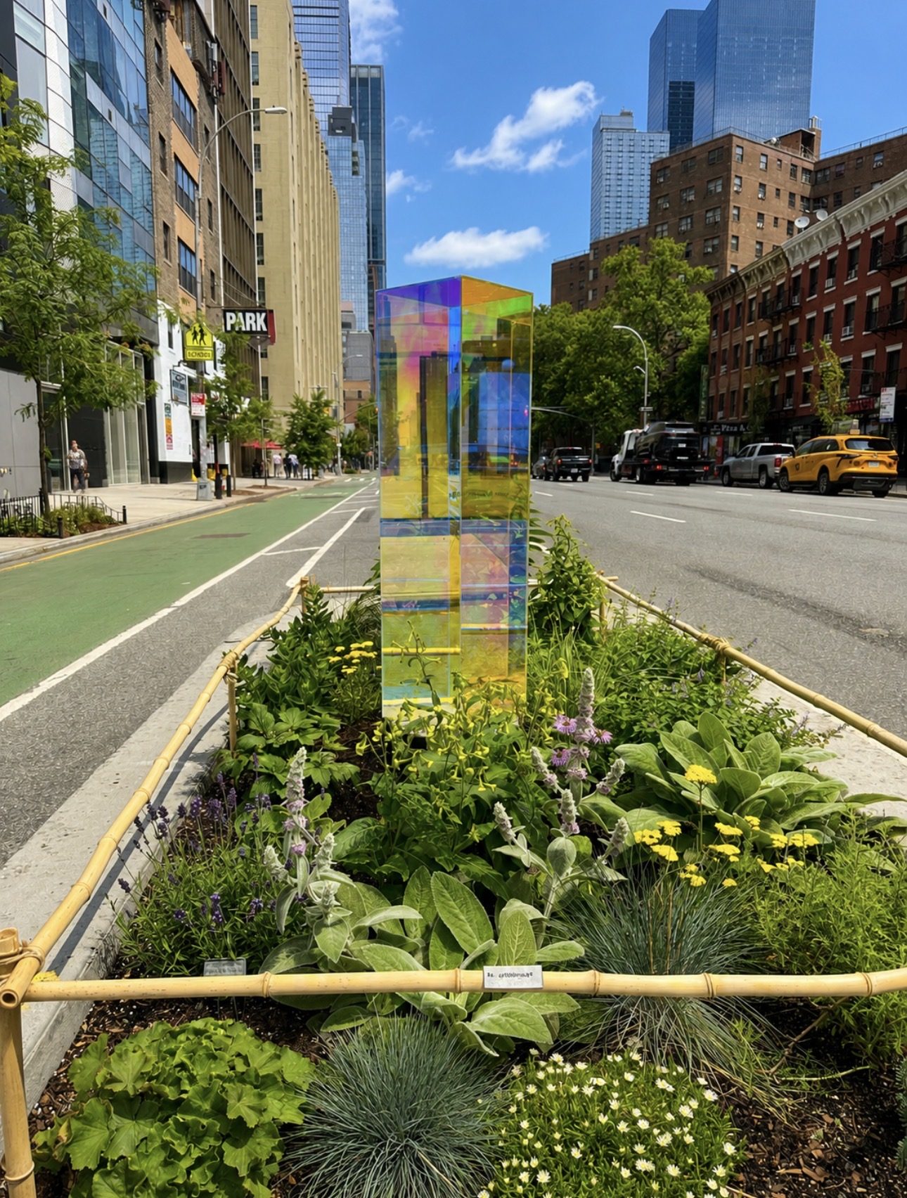 Itty Island pollinator garden in full bloom on the 24th Street median in West Chelsea, with the gazing ball installation, the 10th Avenue bike lane, and the Manhattan skyline behind