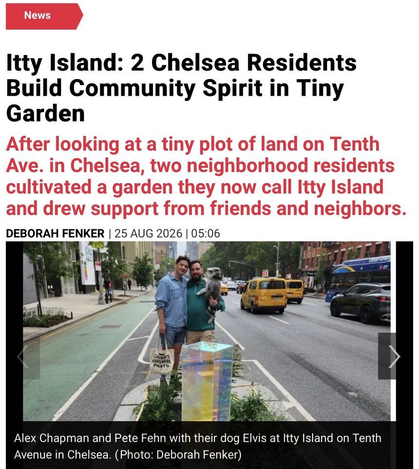 Chelsea News' feature headlined 'Itty Island: 2 Chelsea Residents Build Community Spirit in Tiny Garden' by Deborah Fenker, with a photo of Alex Chapman and Pete Fehn standing arm in arm with their dog Elvis beside the dichroic gazing ball on the Tenth Avenue median